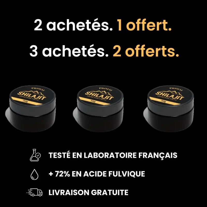 Shilajit résine pure 30g: un trésor de la nature pour votre bien-être global 3 mois, 2 pots + 1 gratuit soit 30€ le pot